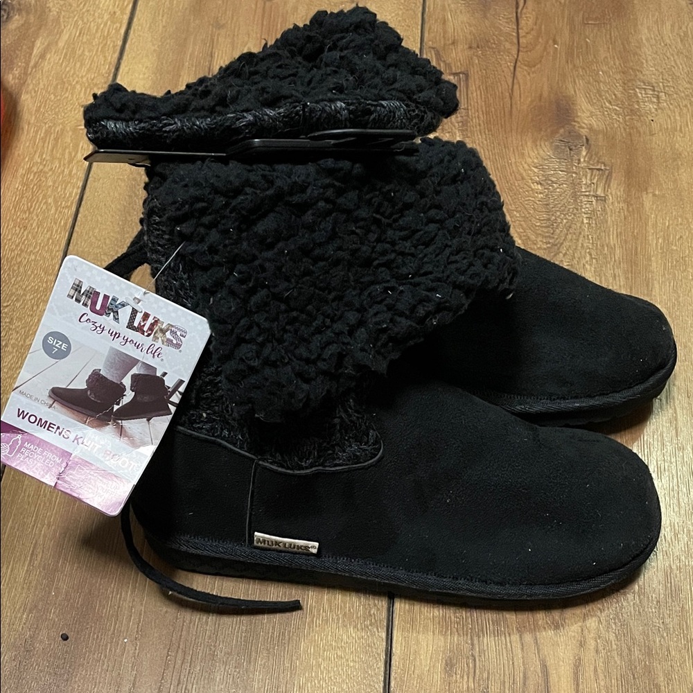 Muk Luks Black Fuzzy Slipper Boots